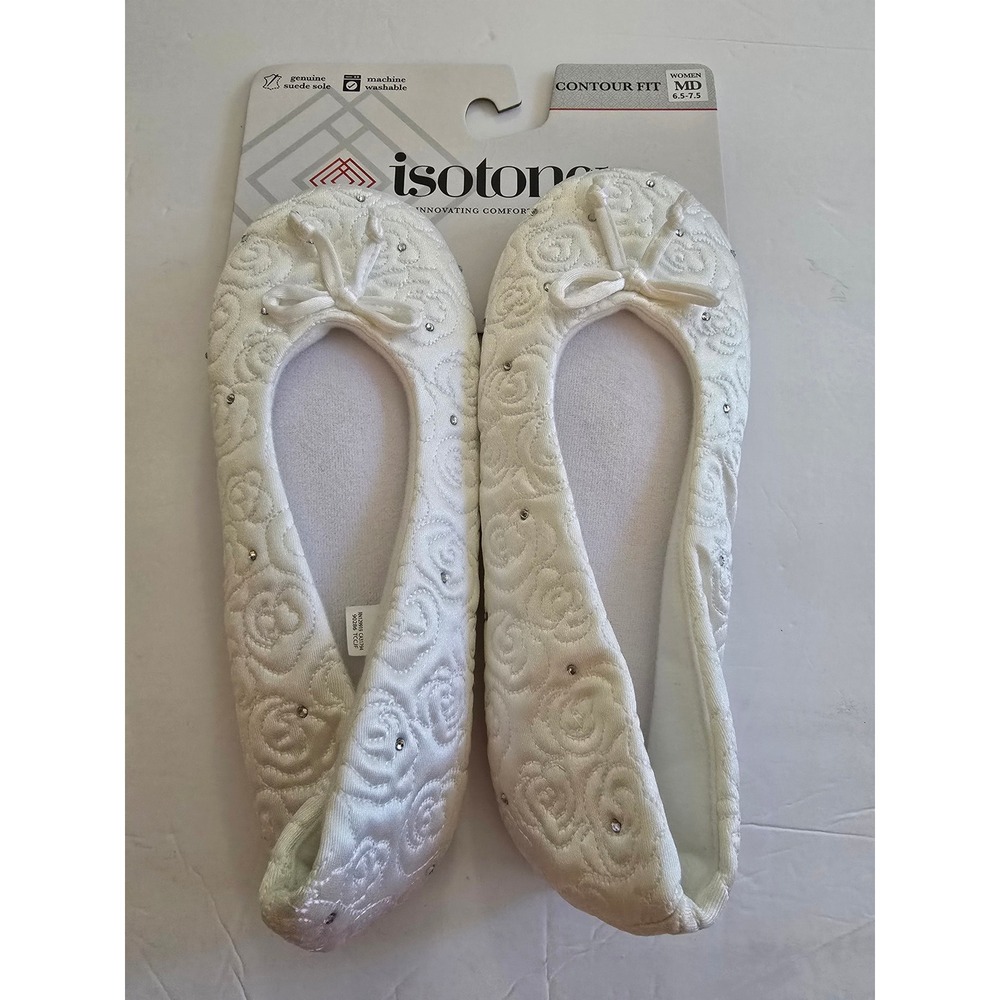 Isotoner Women White rhinestone Terry Ballet Slippers Suede Sole Medium  6.5-7.5